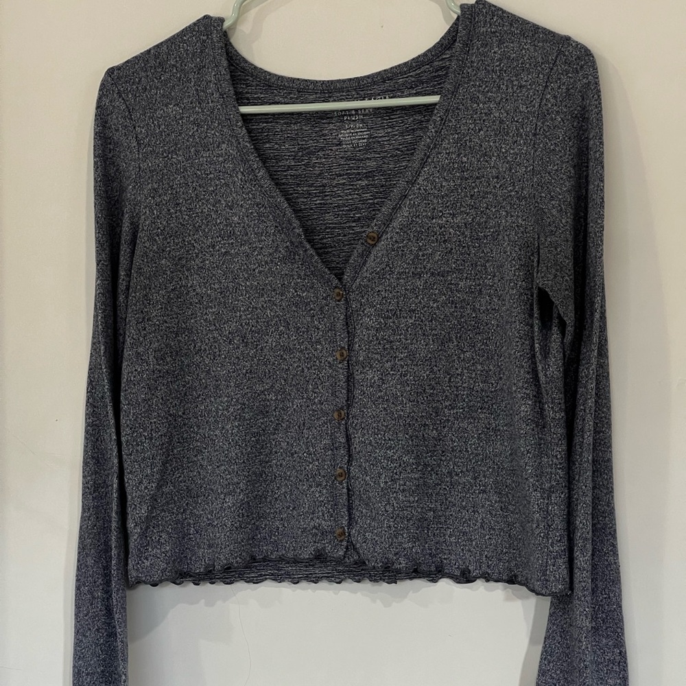 American Eagle Soft and Sexy Plush Women’s gray/blue cropped button down top